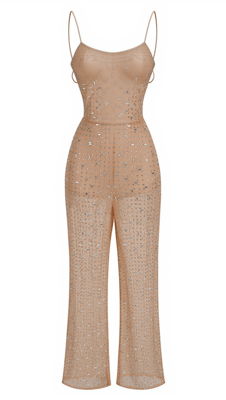 KACEY BACKLESS EMBELLISHED MESH JUMPSUIT