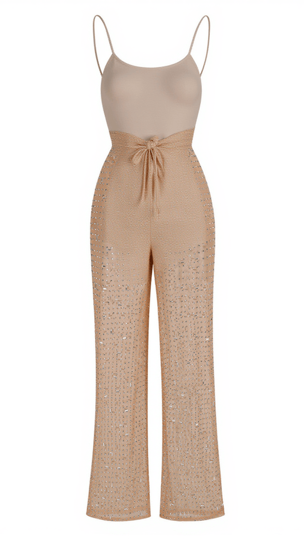 AIIZIE KACEY BACKLESS EMBELLISHED MESH JUMPSUIT - product image