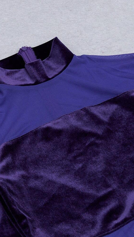 VELVET PERSPECTIVE TULLE STITCHING BAG HIP DRESS IN PURPLE