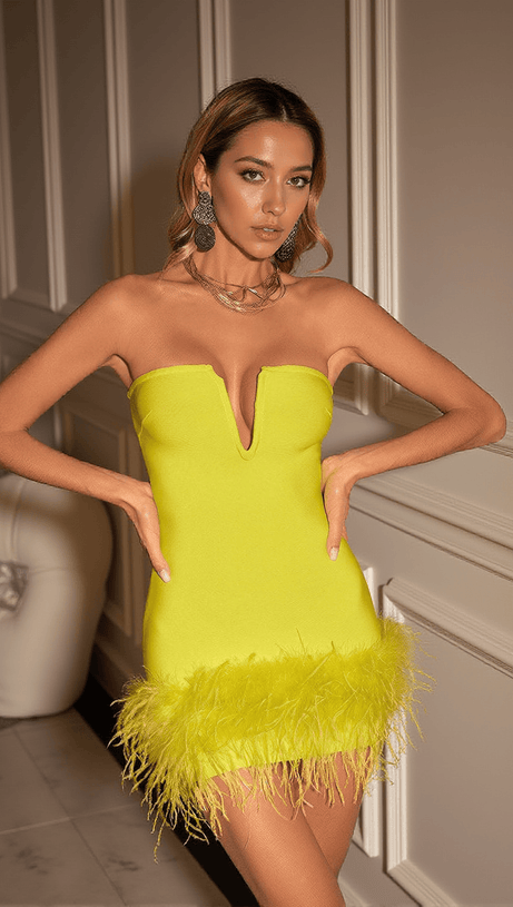 VEER STRAPLESS FEATHER BANDAGE DRESS IN YELLOW