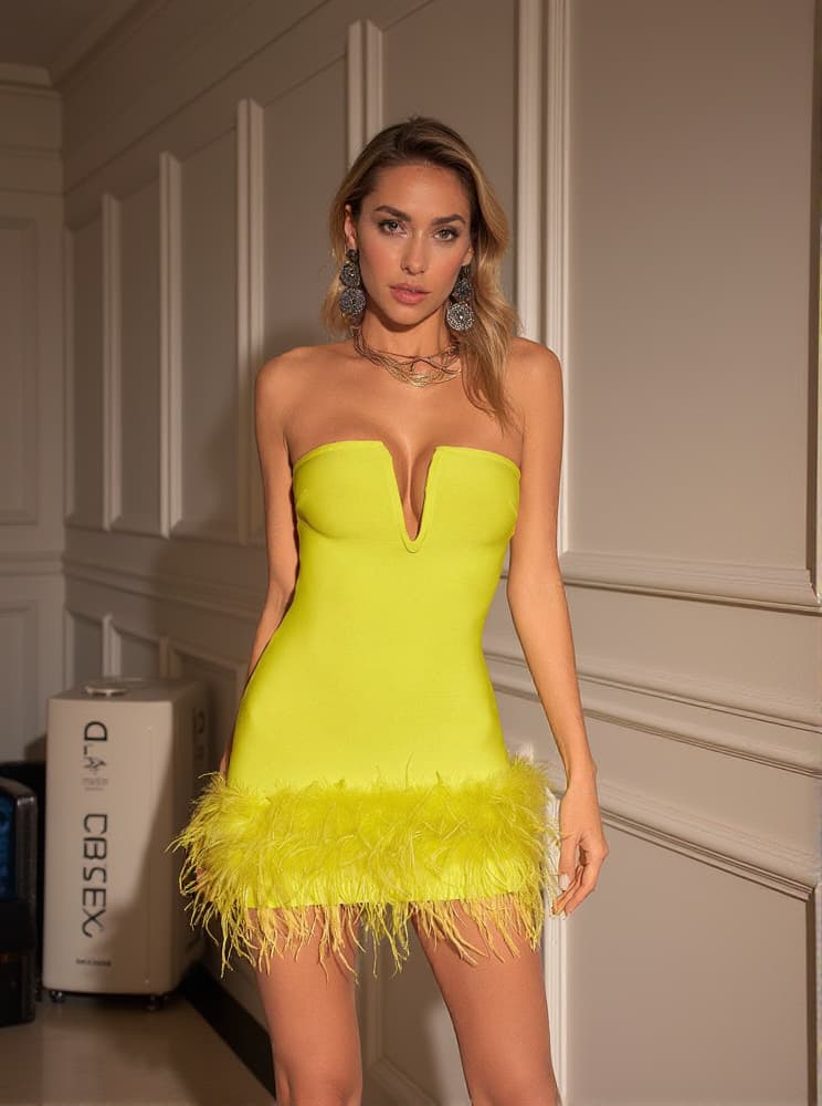 Veer Strapless Feather Bandage Dress In Yellow