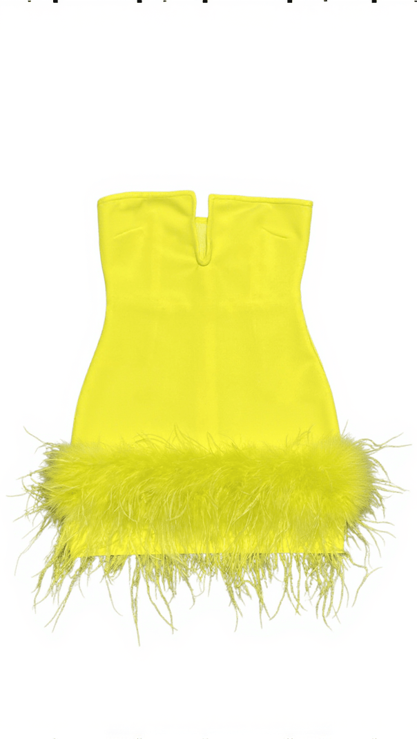 AIIZIE VEER STRAPLESS FEATHER BANDAGE DRESS IN YELLOW - product image
