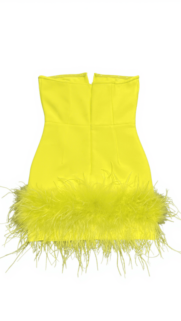 AIIZIE VEER STRAPLESS FEATHER BANDAGE DRESS IN YELLOW - product image