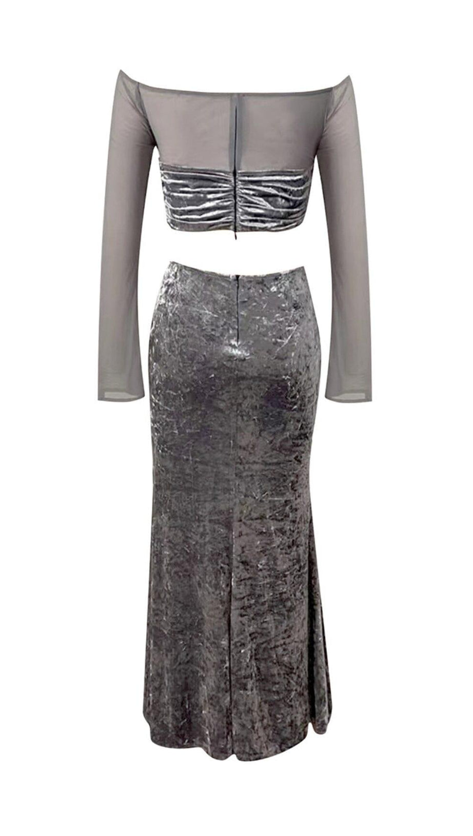 PERSPECTIVE VELVET BREAST TOP SUIT IN SILVER GRAY