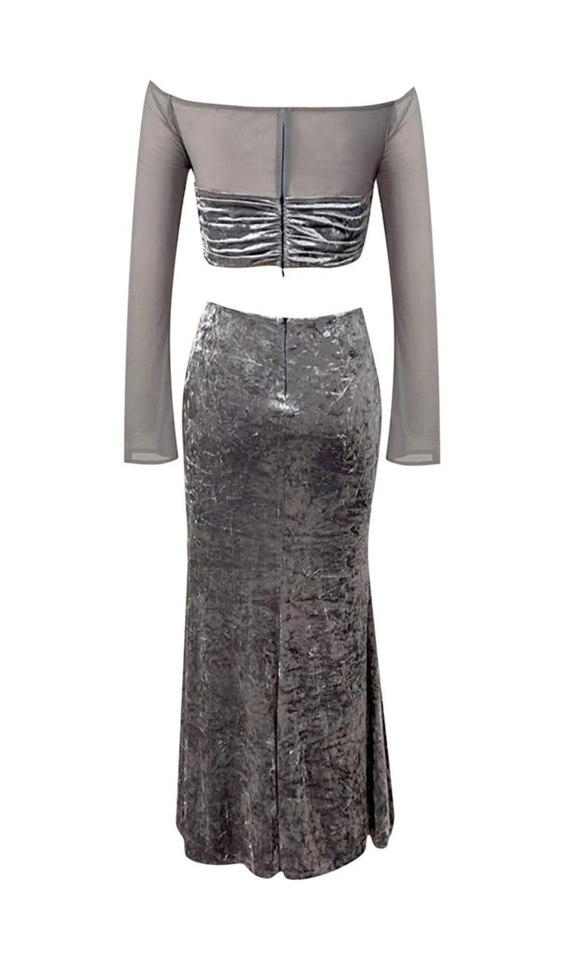 PERSPECTIVE VELVET BREAST TOP SUIT IN SILVER GRAY