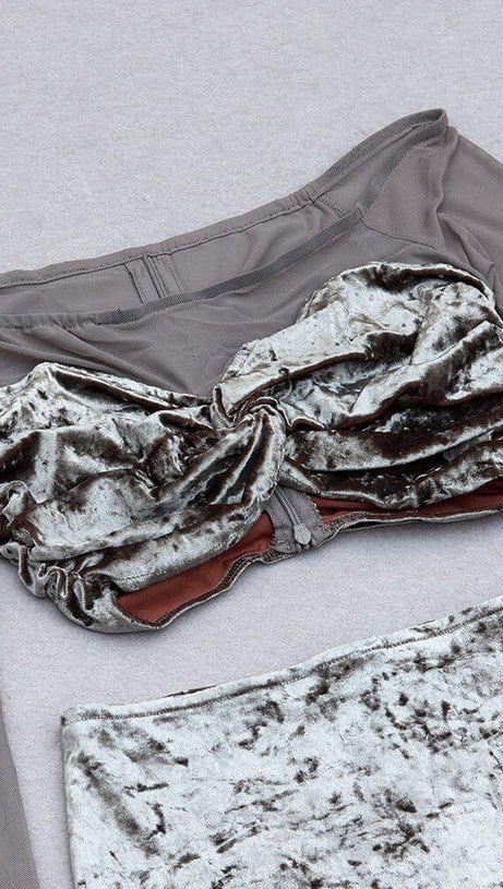PERSPECTIVE VELVET BREAST TOP SUIT IN SILVER GRAY