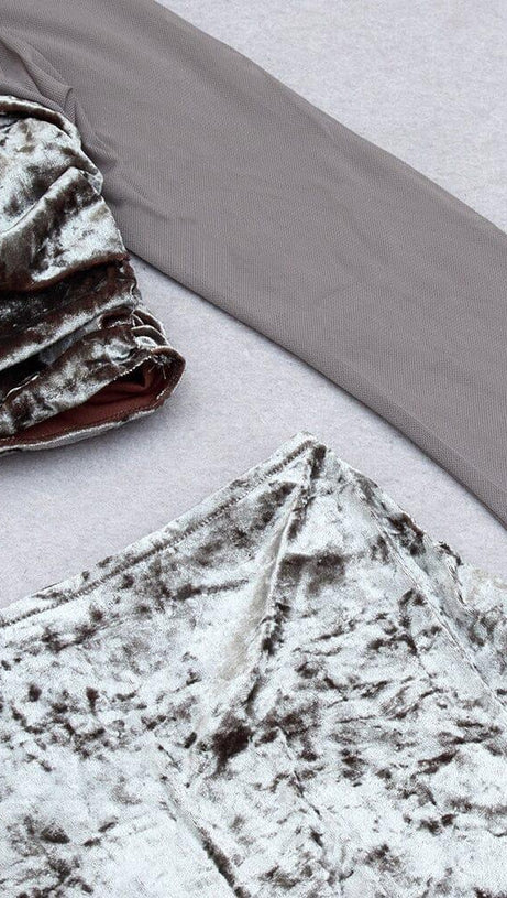 PERSPECTIVE VELVET BREAST TOP SUIT IN SILVER GRAY