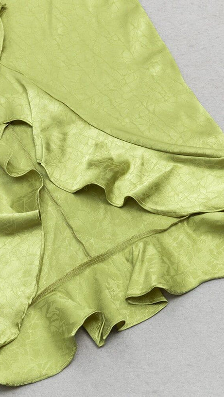PLUS RUFFLE TRIM SATIN DRESS IN GREEN