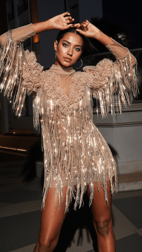 SPARROW SEQUIN FRINGE MINI DRESS IN CHAMPAGNE