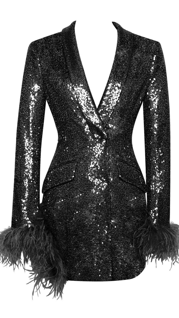 AIIZIE BLACK SEQUIN FEATHER TRIM BLAZER DRESS - product image