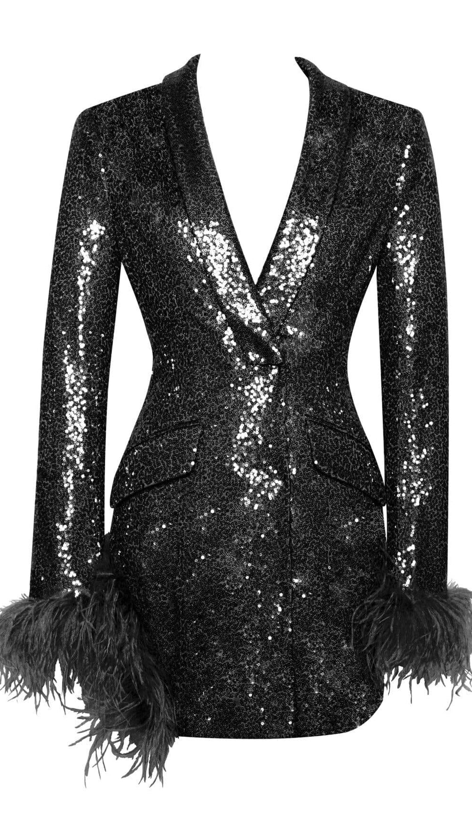 BLACK SEQUIN FEATHER TRIM BLAZER DRESS
