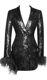 BLACK SEQUIN FEATHER TRIM BLAZER DRESS