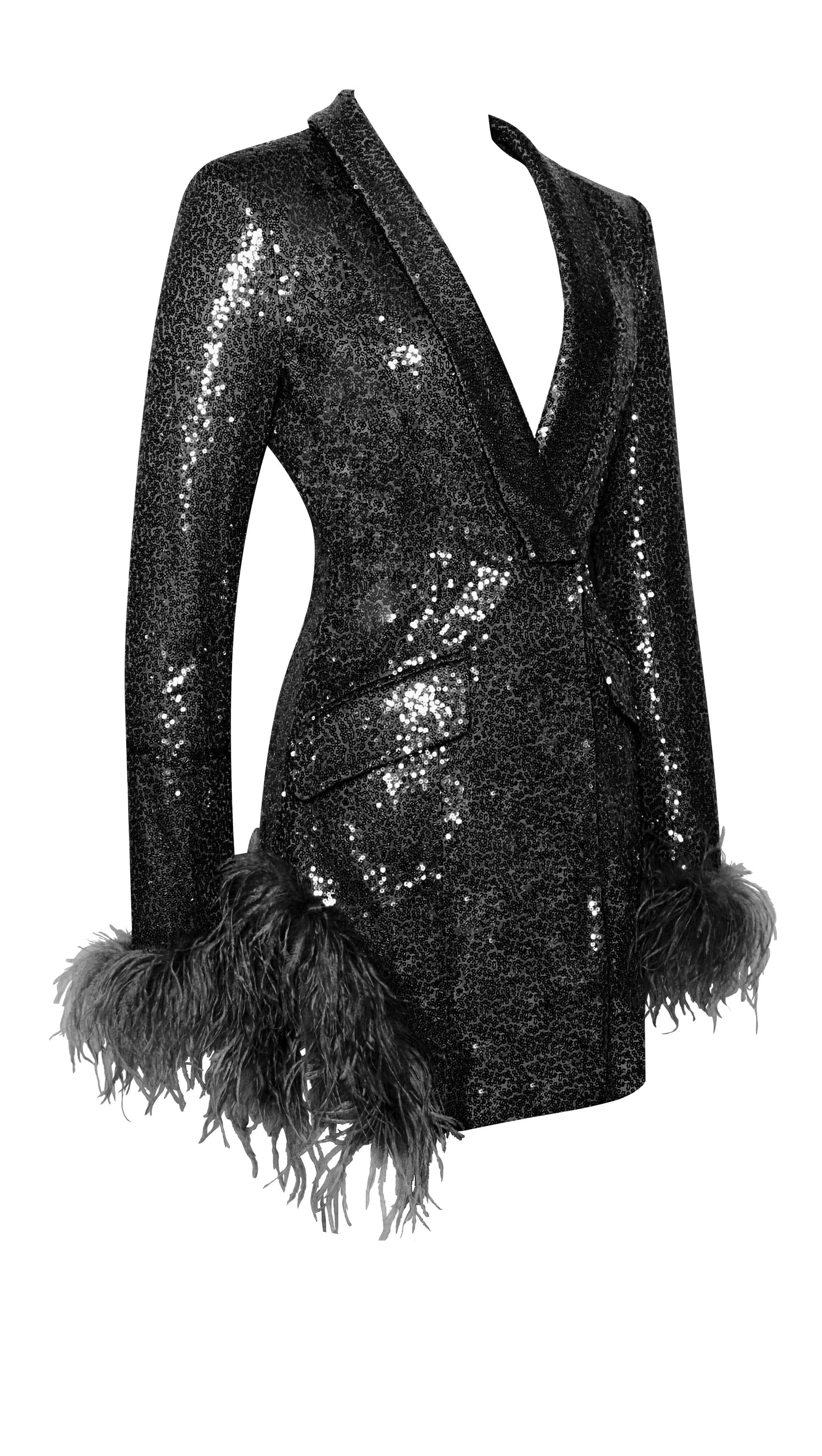 AIIZIE BLACK SEQUIN FEATHER TRIM BLAZER DRESS - product image