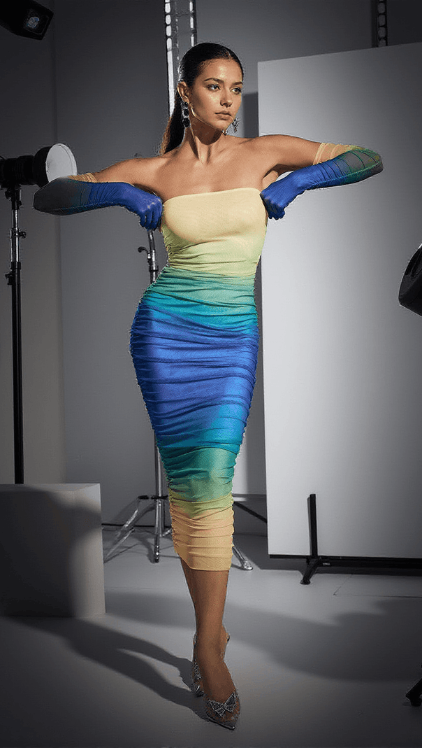 AIIZIE HARTFORD GRADIENT MESH DRESS WITH GLOVES IN BLUE - product image