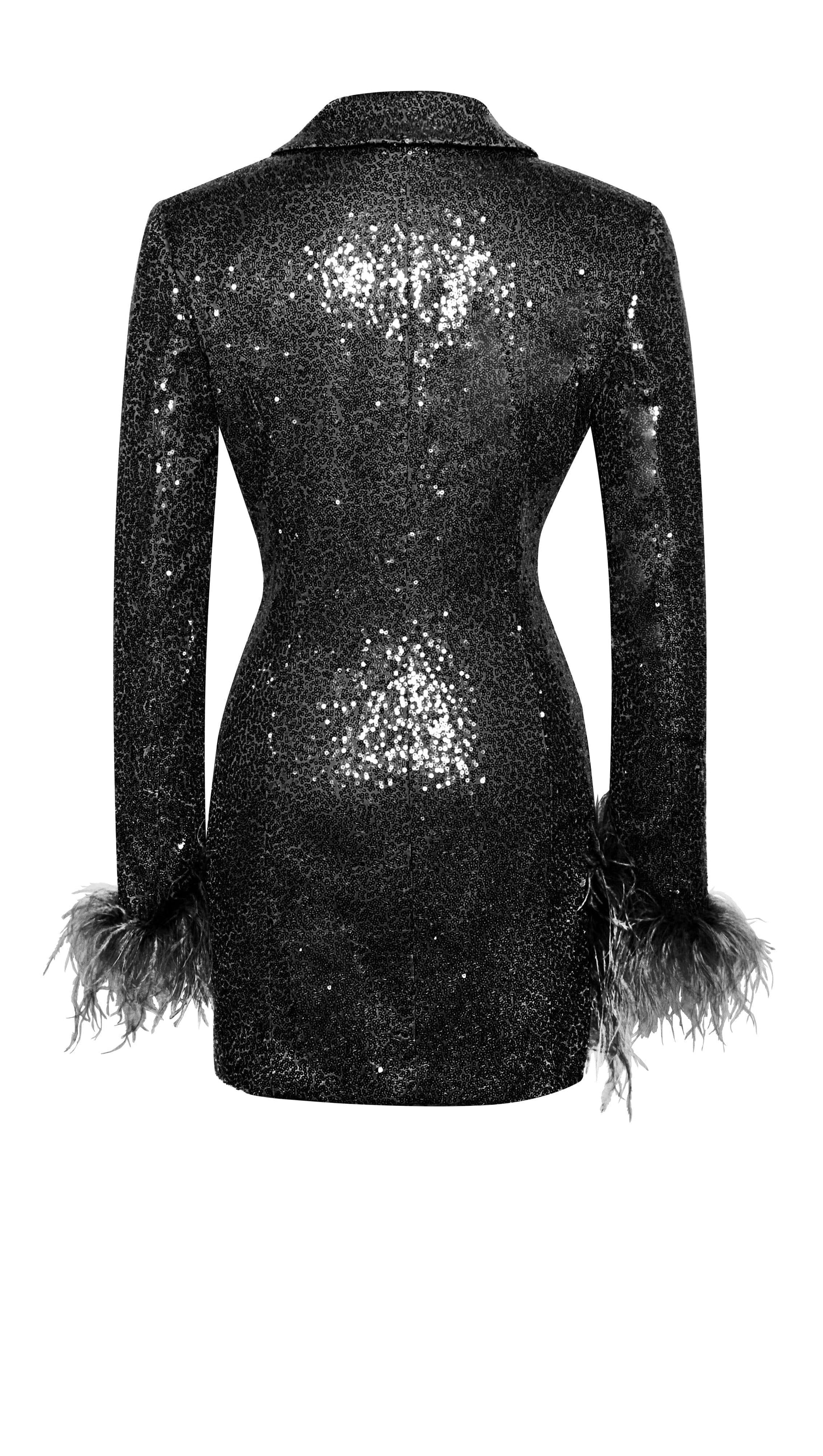 BLACK SEQUIN FEATHER TRIM BLAZER DRESS