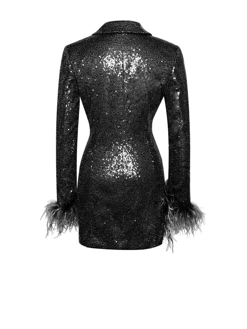 BLACK SEQUIN FEATHER TRIM BLAZER DRESS