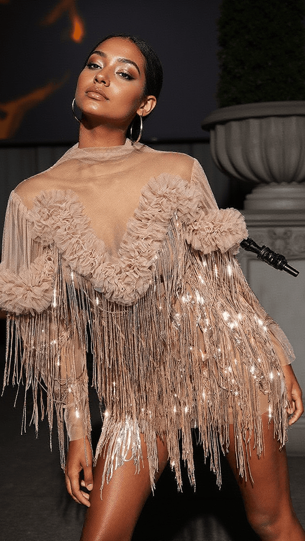 AIIZIE SPARROW SEQUIN FRINGE MINI DRESS IN CHAMPAGNE - product image