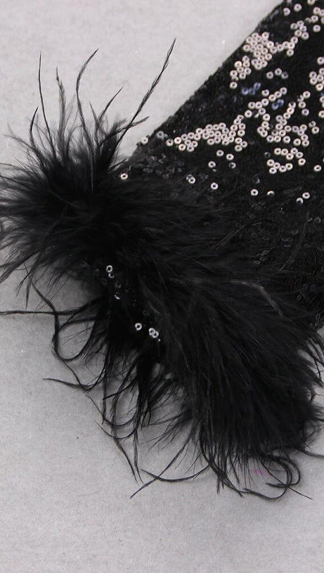 BLACK SEQUIN FEATHER TRIM BLAZER DRESS