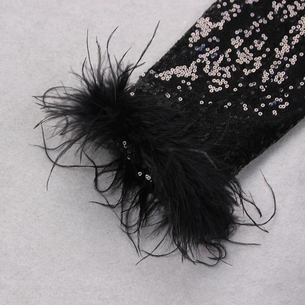 SCHWARZES BLAZERKLEID MIT PAILLETTEN UND FEDERBESATZ