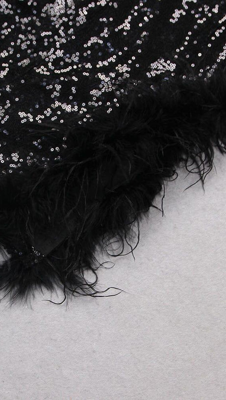 BLACK SEQUIN FEATHER TRIM BLAZER DRESS