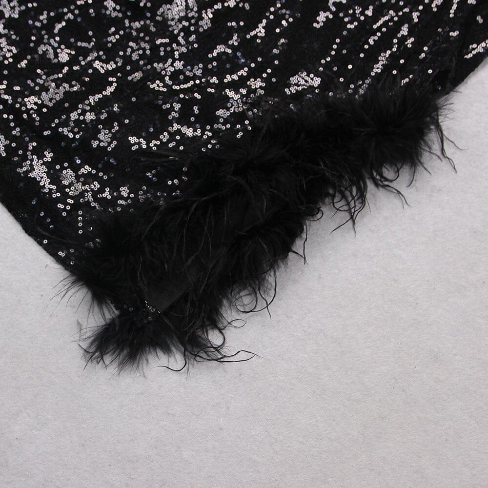 SCHWARZES BLAZERKLEID MIT PAILLETTEN UND FEDERBESATZ