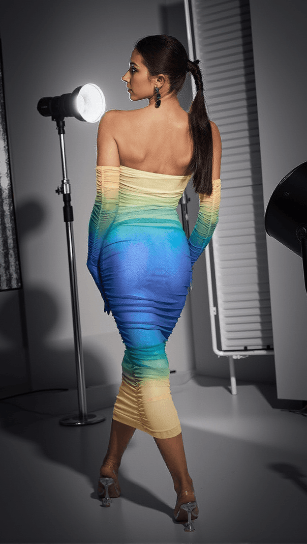 AIIZIE HARTFORD GRADIENT MESH DRESS WITH GLOVES IN BLUE - product image