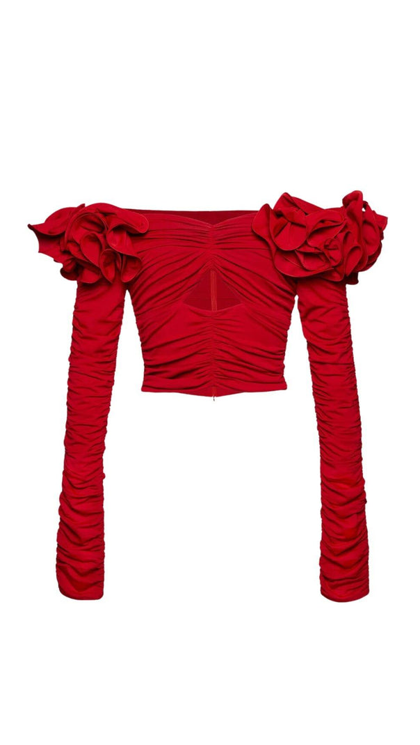 AIIZIE FLOWER ONE -LINE SHOULDER PLEATED BACKLESS TOP IN RED - product image