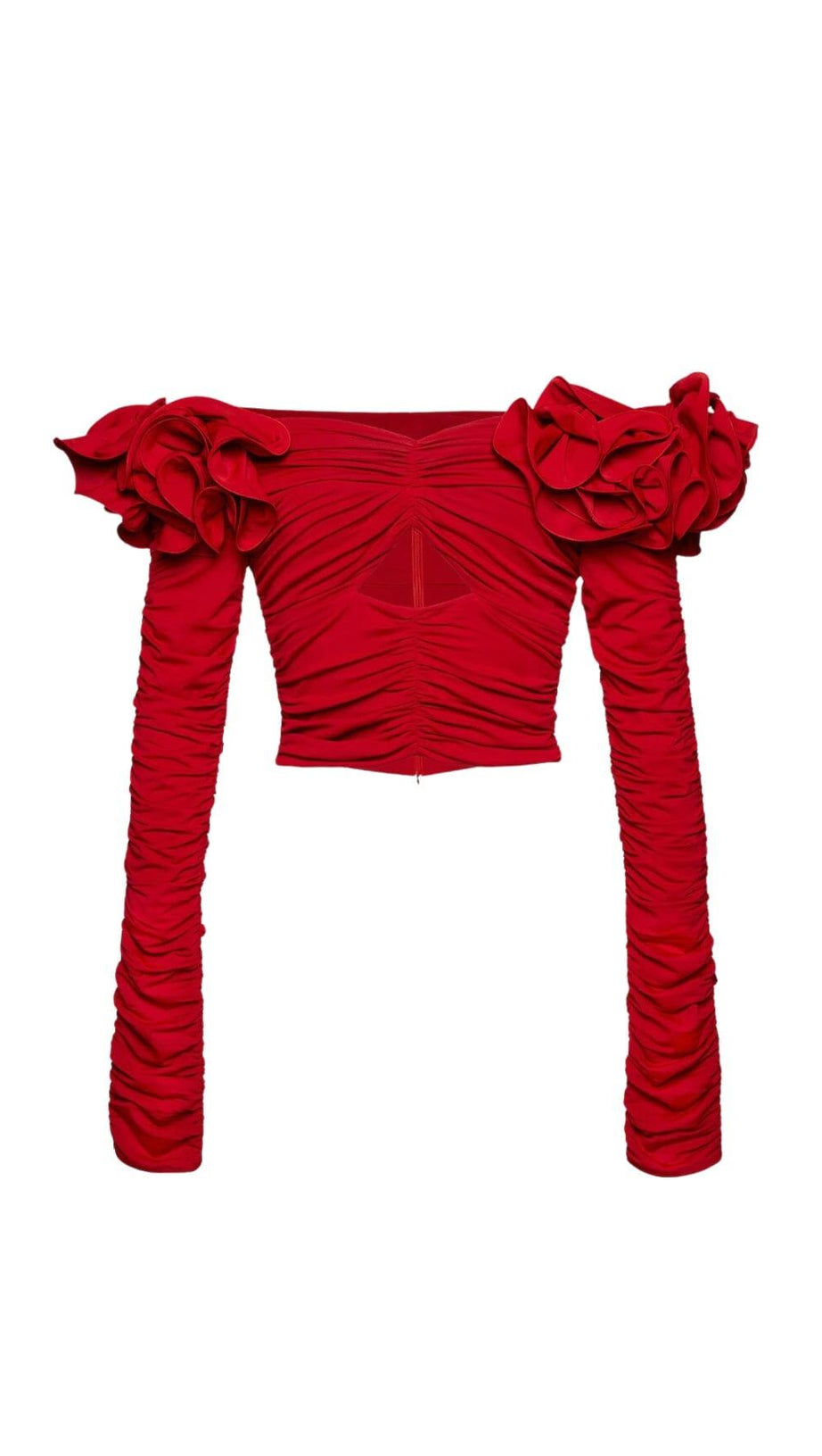 FLOWER ONE -LINE SHOULDER PLEATED BACKLESS TOP IN RED