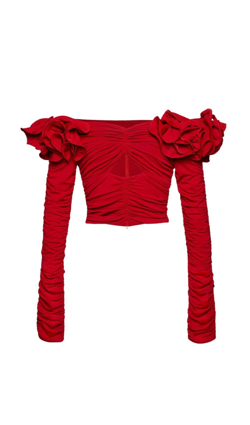 FLOWER ONE -LINE SHOULDER PLEATED BACKLESS TOP IN RED