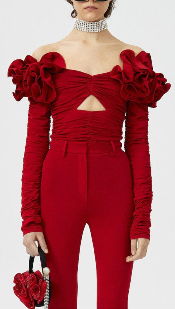 AIIZIE FLOWER ONE -LINE SHOULDER PLEATED BACKLESS TOP IN RED - product image