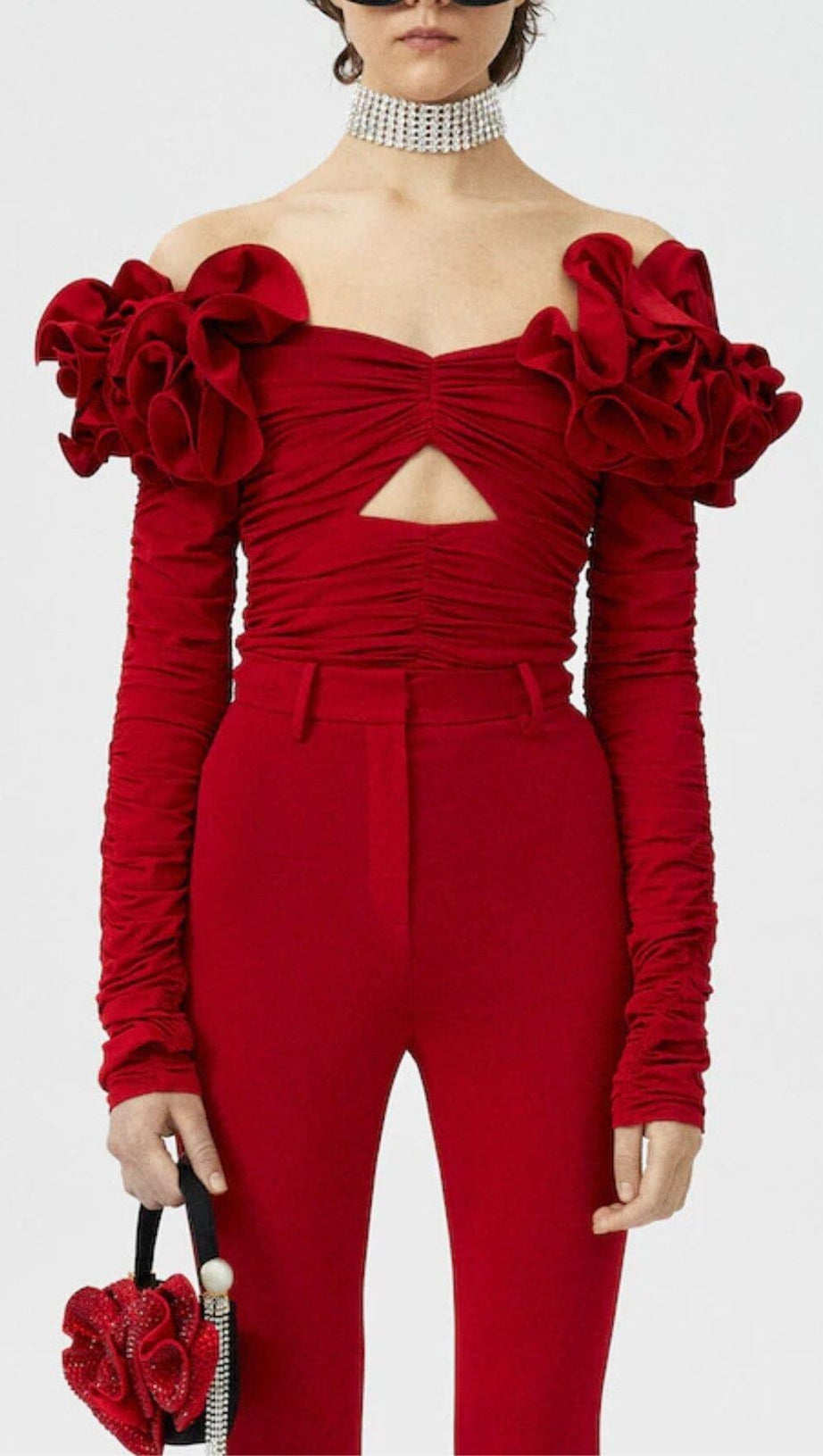 FLOWER ONE -LINE SHOULDER PLEATED BACKLESS TOP IN RED