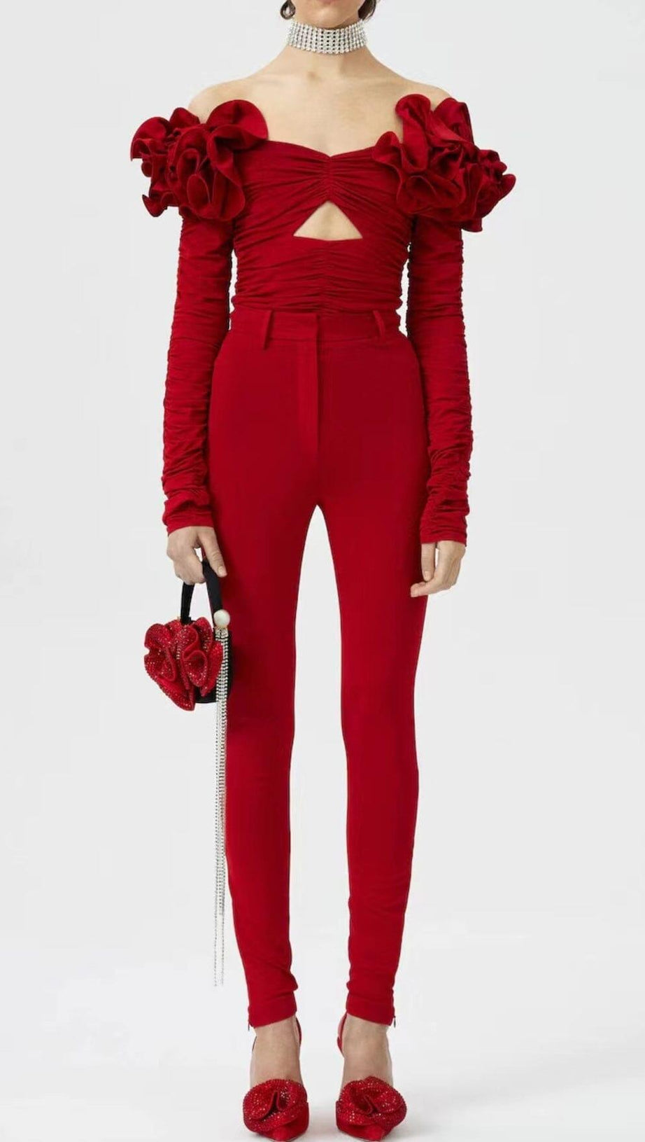 FLOWER ONE -LINE SHOULDER PLEATED BACKLESS TOP IN RED