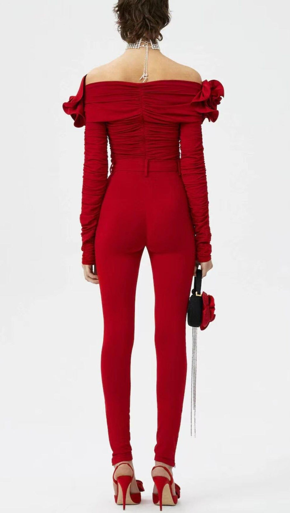 FLOWER ONE -LINE SHOULDER PLEATED BACKLESS TOP IN RED