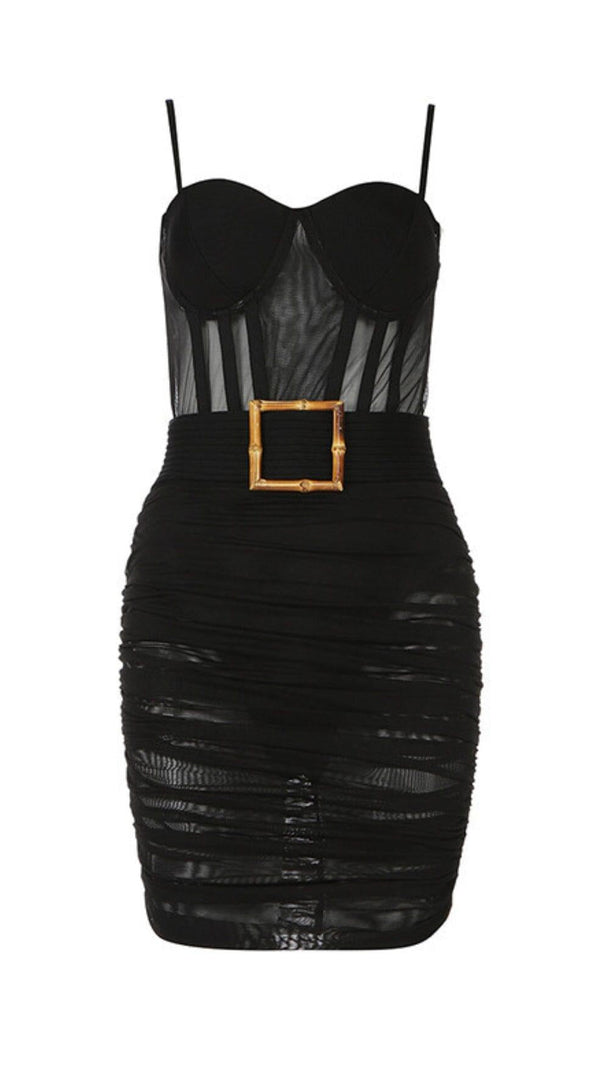 AIIZIE GAUZE TRANSPARENT BAMBOO BUCKLE BELT DRESS IN BLACK - product image