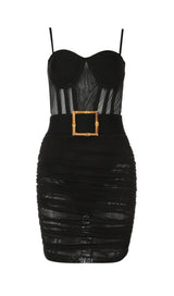 GAUZE TRANSPARENT BAMBOO BUCKLE BELT DRESS IN BLACK