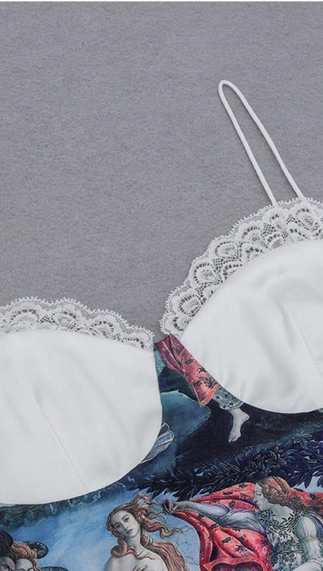 LACE SUSPENDER AND OIL PAINTING DRESS IN WHITE