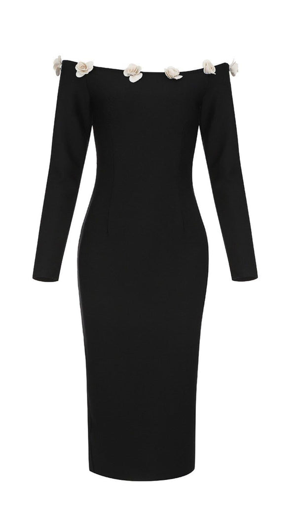 AIIZIE ONE-LINE SHOULDER FLORAL BANDAGE WRAP HIP DRESS IN BLACK - product image