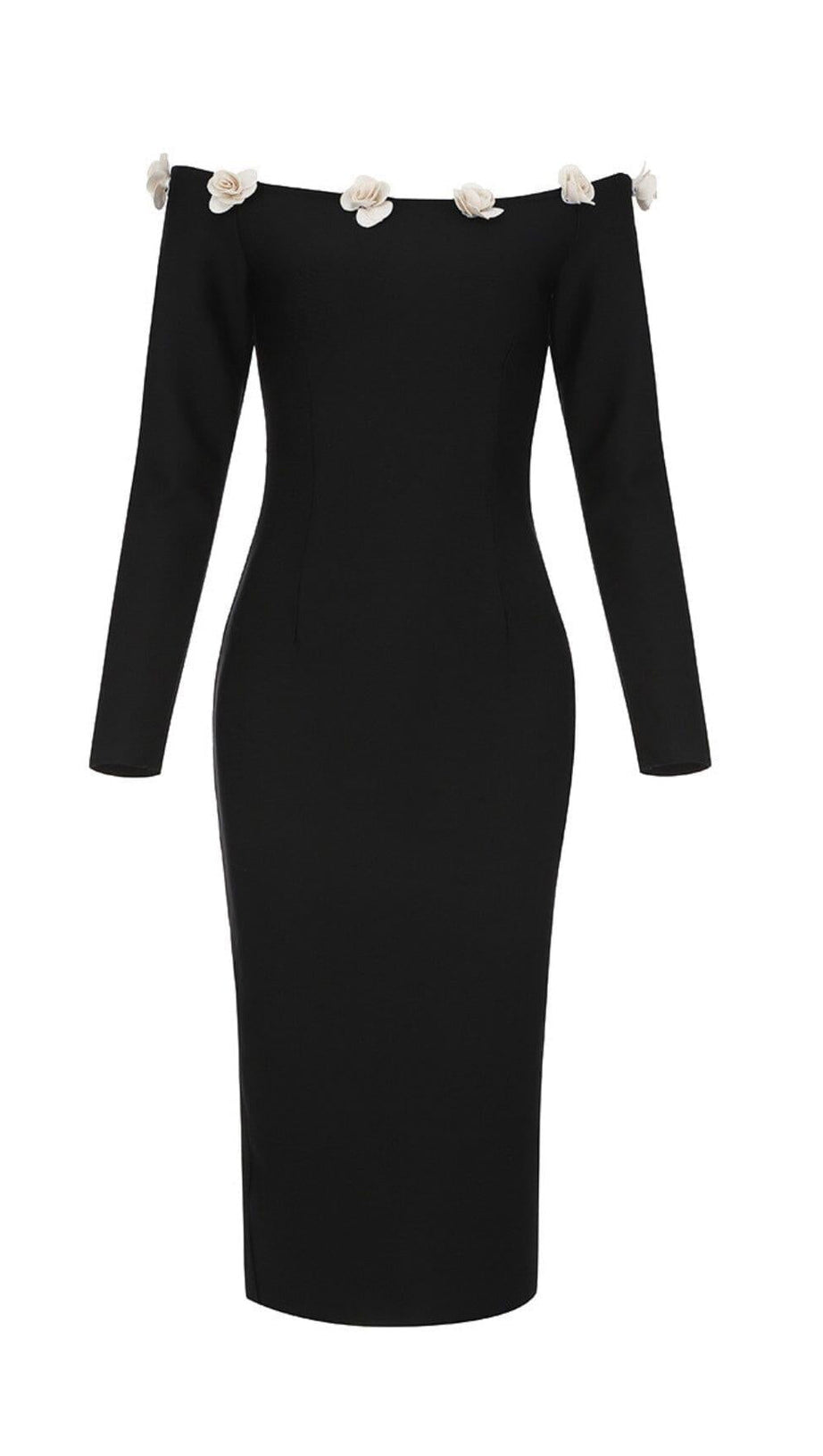 ONE-LINE SHOULDER FLORAL BANDAGE WRAP HIP DRESS IN BLACK