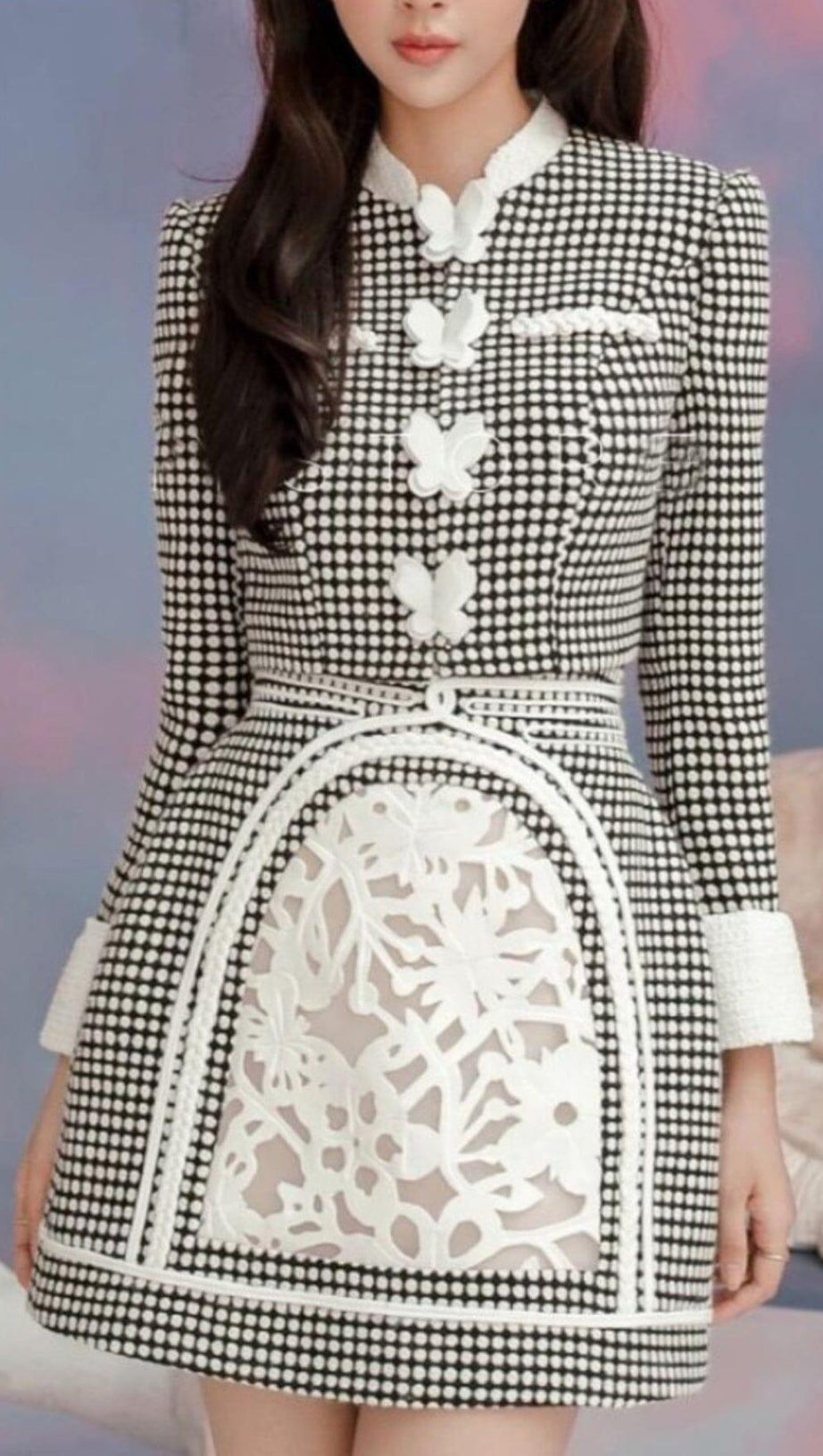 PLAID ROUND NECK LONG SLEEVE BOWKNOT TOPS HIGH WAIST A LINE SKIRTS