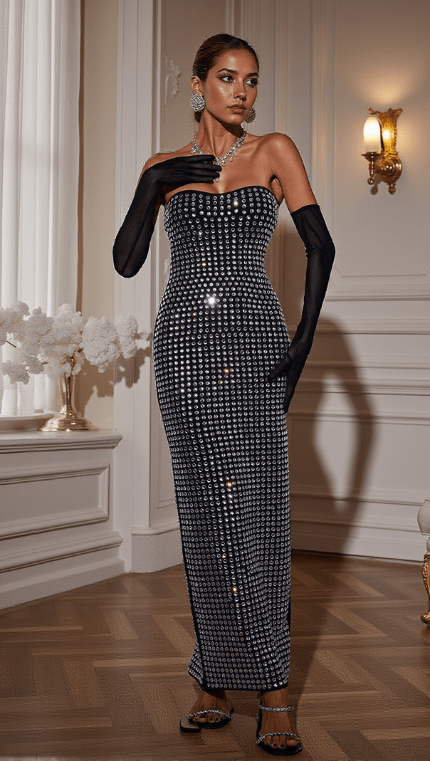 AIIZIE KHY RHINESTONE BANDAGE MAXI DRESS WITH GLOVES - product image