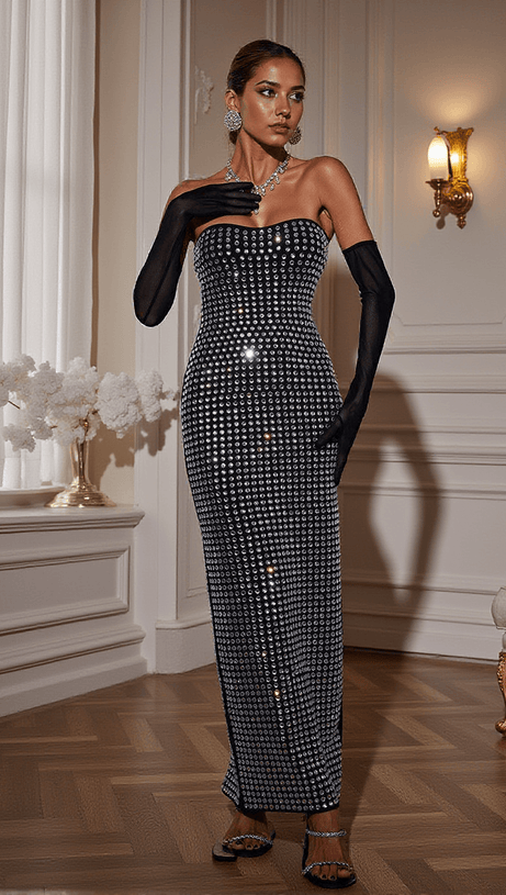 KHY RHINESTONE BANDAGE MAXI DRESS WITH GLOVES