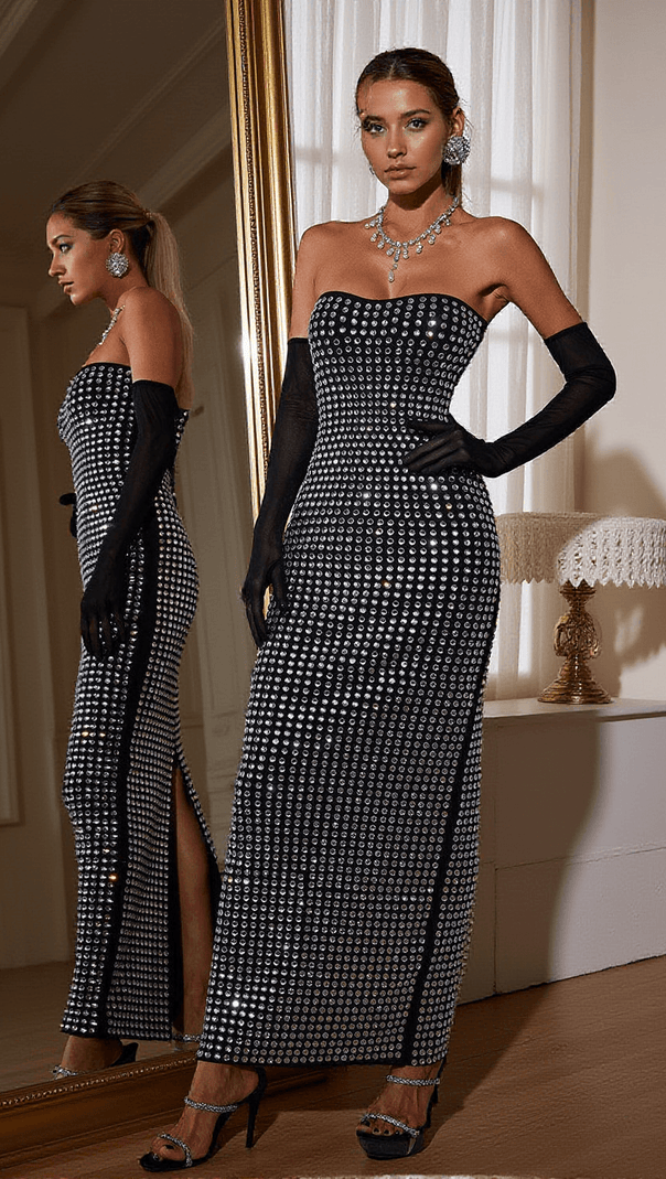 AIIZIE KHY RHINESTONE BANDAGE MAXI DRESS WITH GLOVES - product image