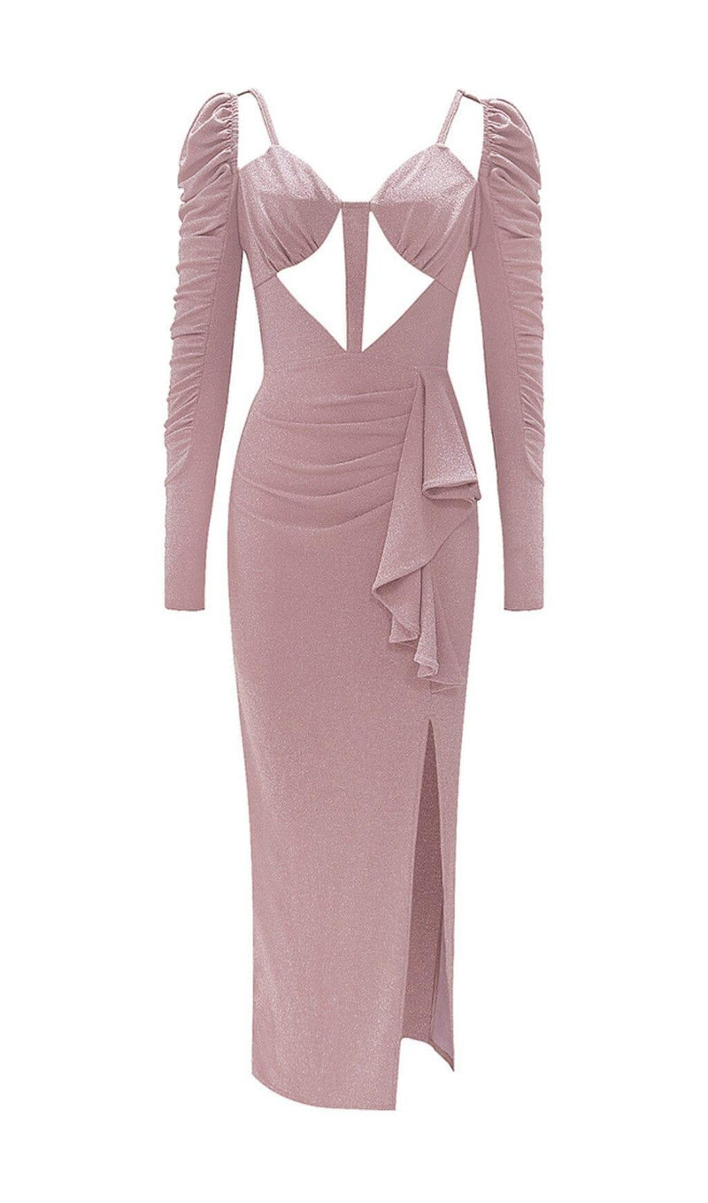 HIGH SLIT AND RUFFLES BACKLESS DRESS IN PINK