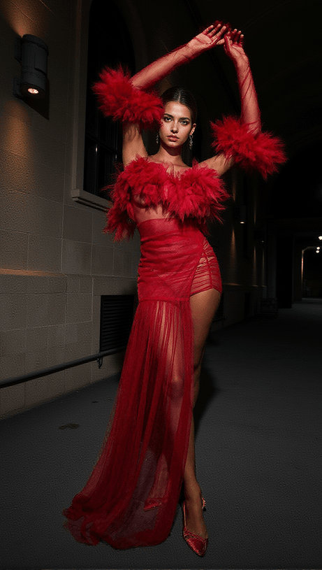 ABITO LUNGO IN TULLE SPAGHETTI DI RASO CON GUANTI