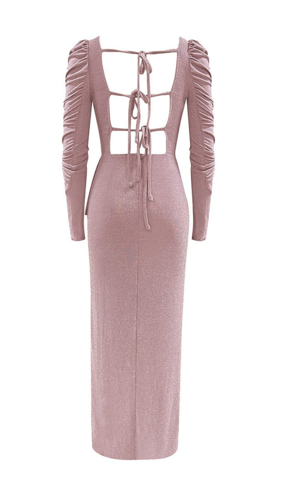 HIGH SLIT AND RUFFLES BACKLESS DRESS IN PINK