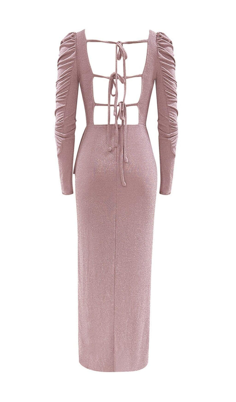 HIGH SLIT AND RUFFLES BACKLESS DRESS IN PINK