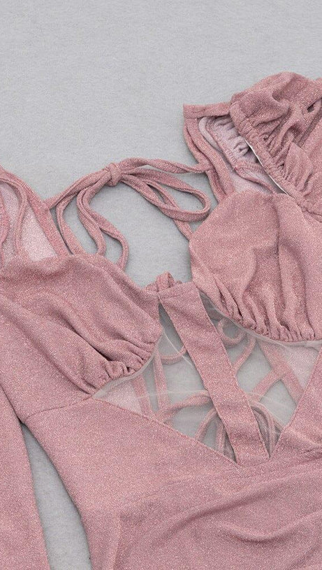 HIGH SLIT AND RUFFLES BACKLESS DRESS IN PINK