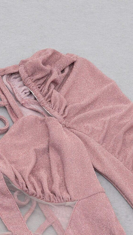 HIGH SLIT AND RUFFLES BACKLESS DRESS IN PINK