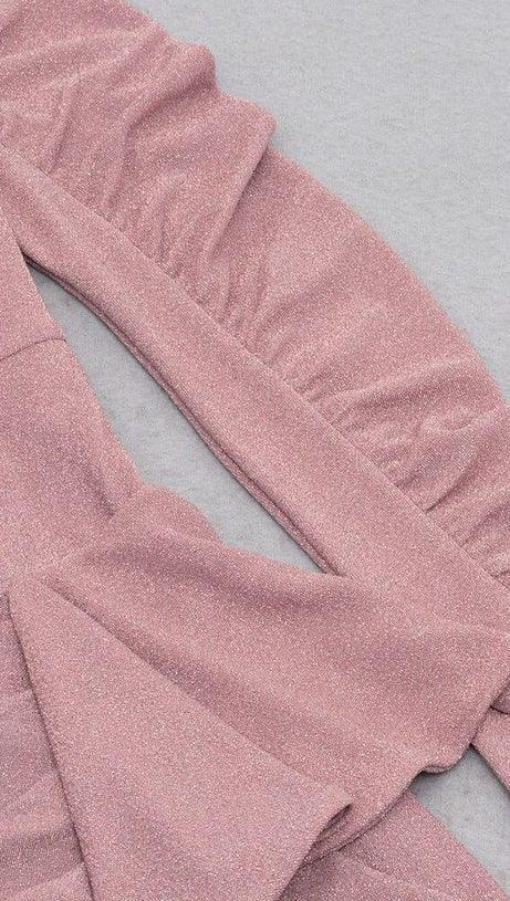 HIGH SLIT AND RUFFLES BACKLESS DRESS IN PINK