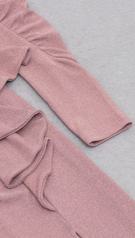 HIGH SLIT AND RUFFLES BACKLESS DRESS IN PINK